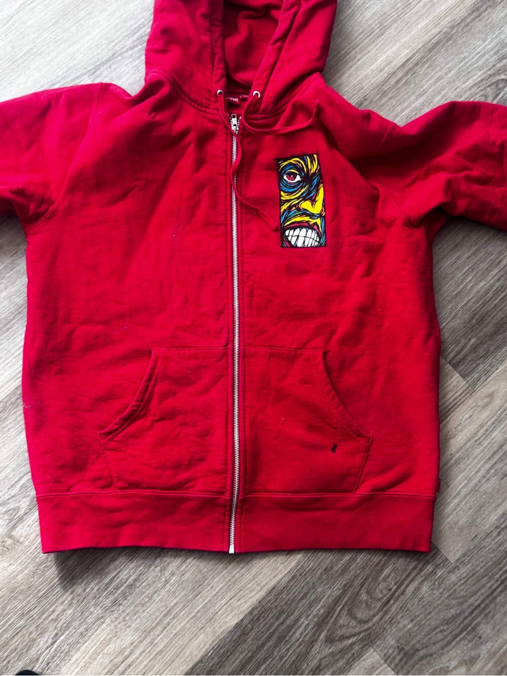 Supreme Red Zip-Up Hoodie with Multicolor Face Patch